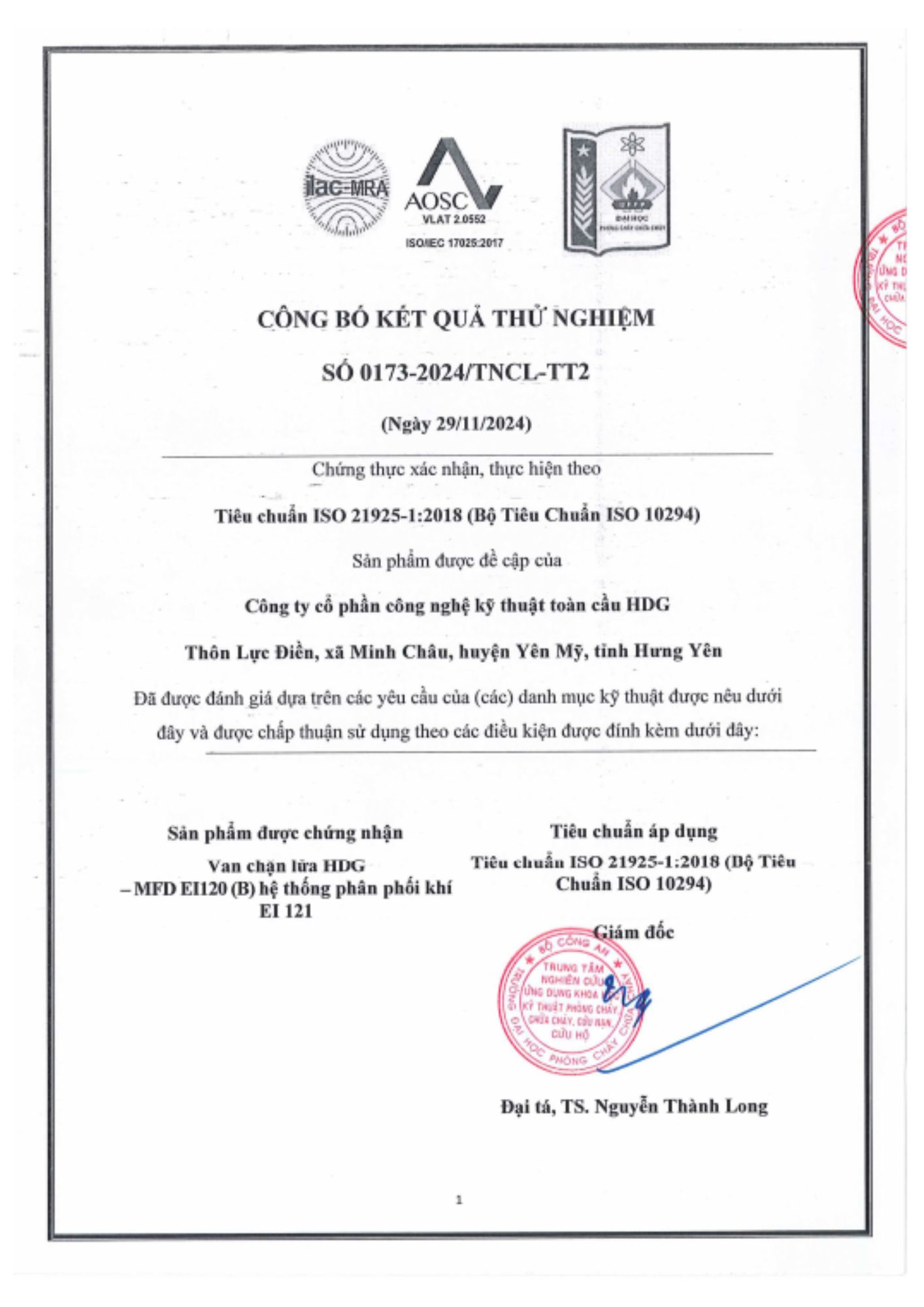 Kết quả test Van MFD EI120